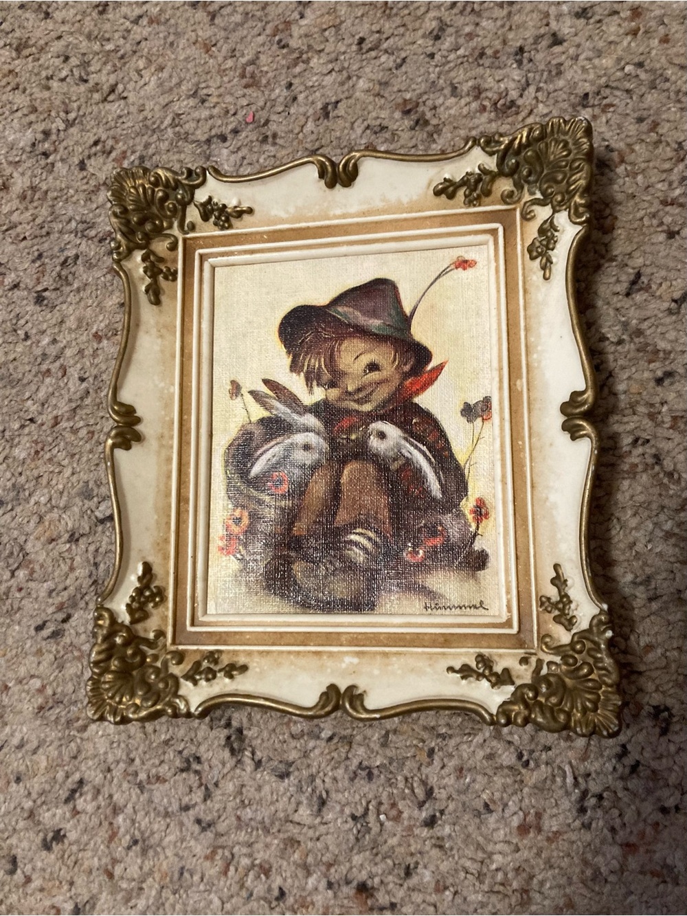 Vintage Hummel print artwork boy with bunnies German framed mini decor